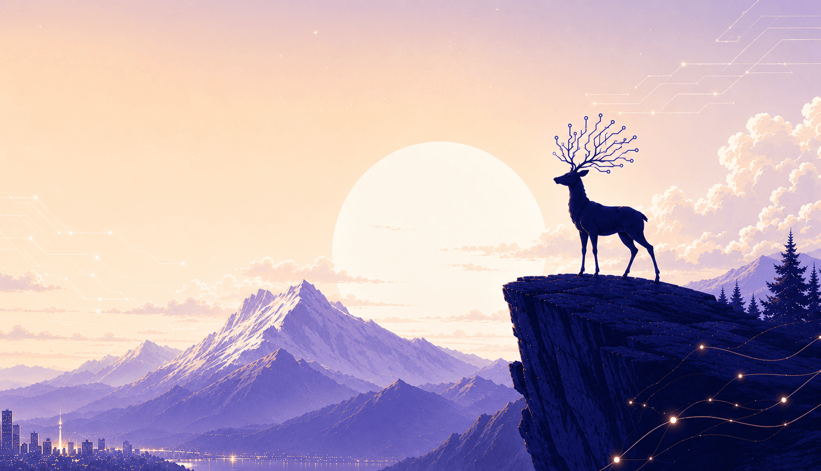 Mountains at sunrise with a deer overlooking a city — ARIES artwork