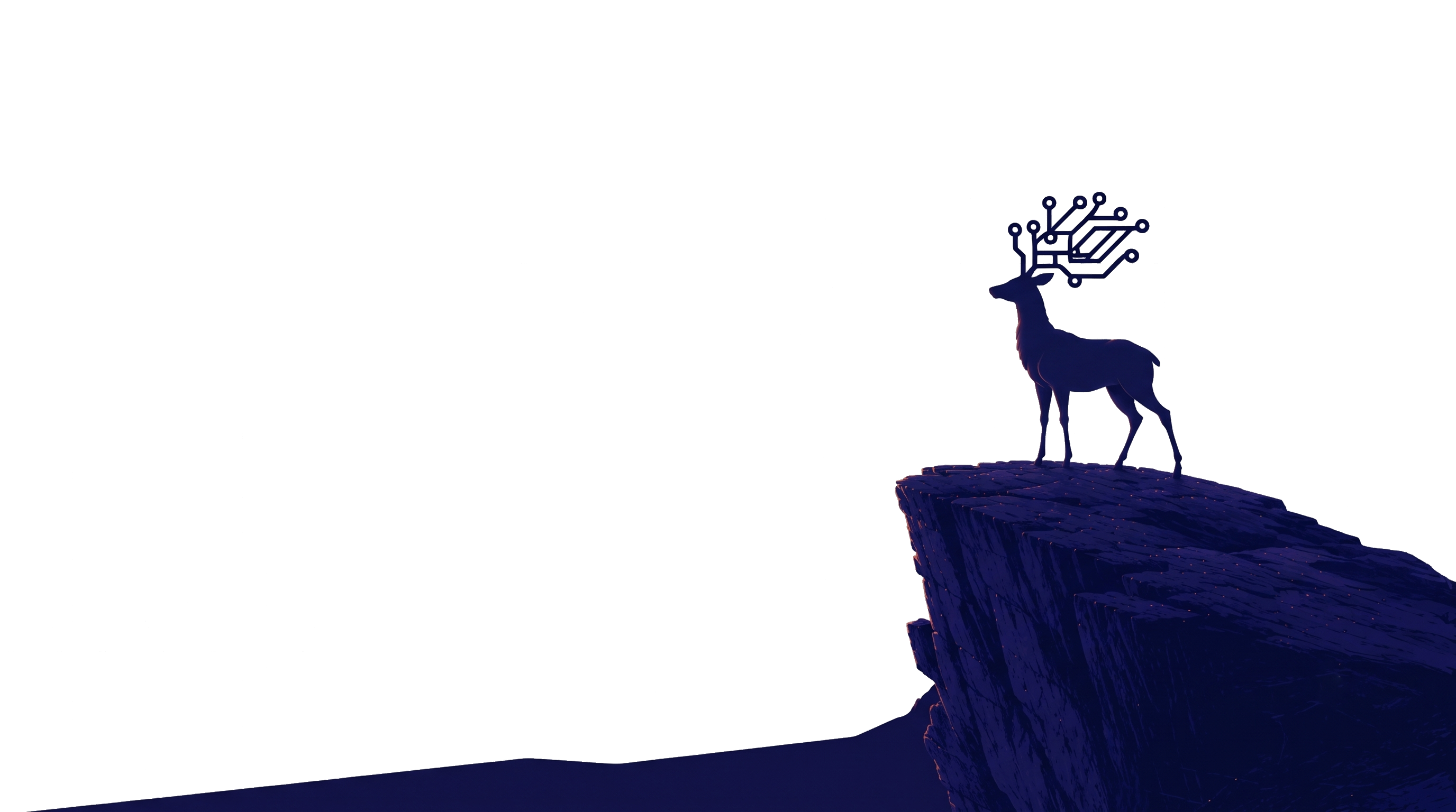 A stag with circuit-board antlers standing on a cliff at sunset