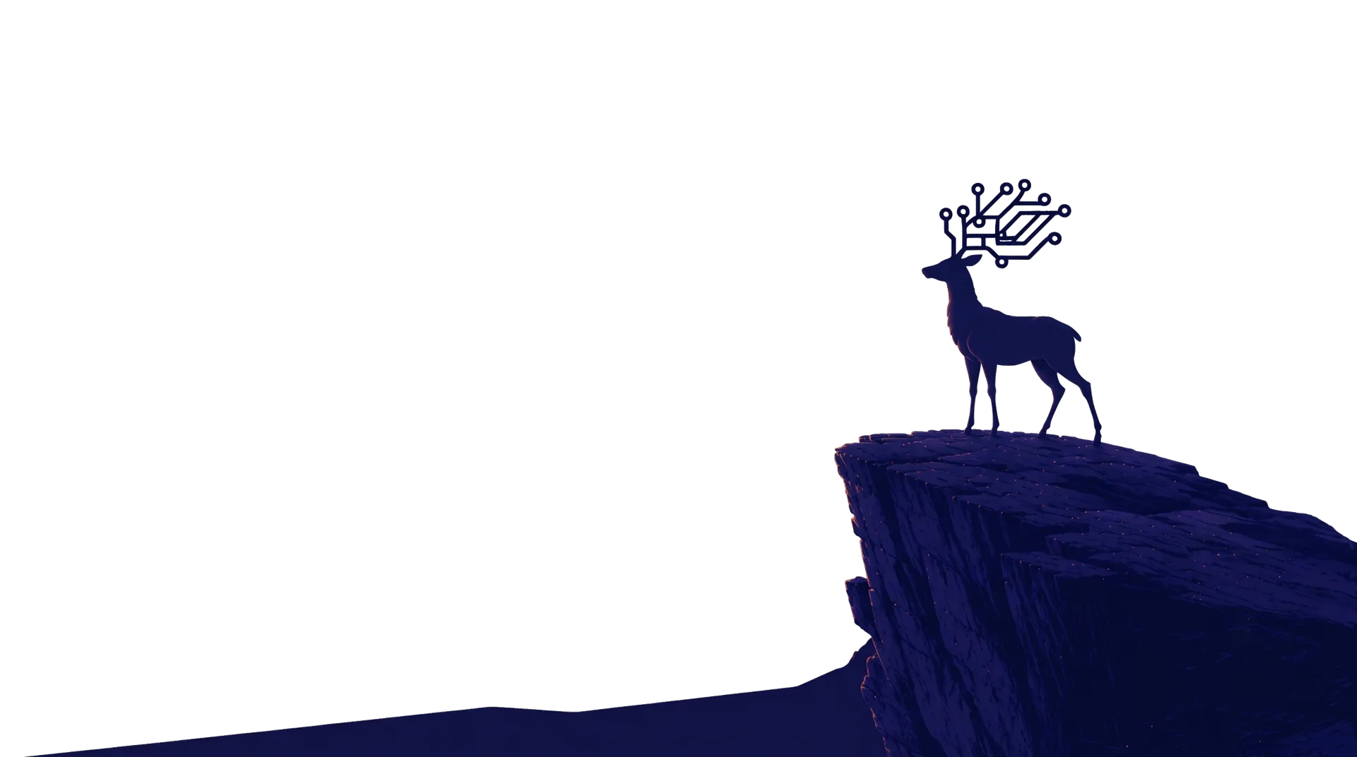 A stag with circuit-board antlers standing on a cliff at sunset